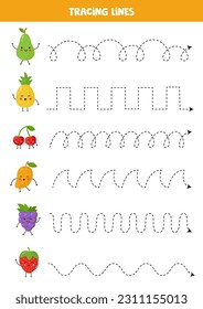 Handschriftliche Praxis mit süßen kawaii Früchten. Trainingslinien für Vorschulen. Erziehungsspiel für Kinder.