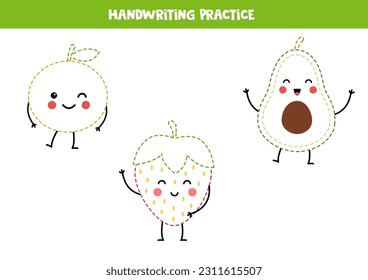 Handwriting practice with cute kawaii fruits. Tracing lines for preschoolers. Educational game for kids.