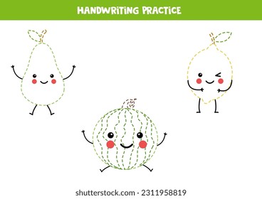 Handwriting practice with cute kawaii fruits. Tracing lines for preschoolers. Educational game for kids.