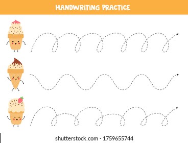 Handwriting practice with cute kawaii ice creams. Educational worksheet for kids. Trace the lines. Learning to write.