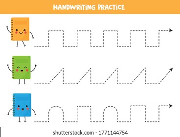 Handwriting practice with cute kawaii notebooks. Tracing lines for preschoolers. Educational game for kids. Learning to write and to draw.