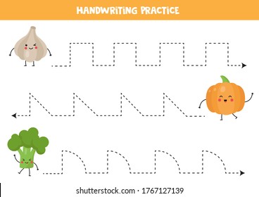 Handwriting practice with cute kawaii vegetables. Happy garlic, pumpkin and broccoli. Tracing lines for practicing writing skills.