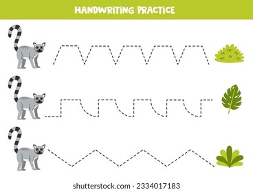 Práctica de escritura a mano con lemur lindo y arbustos verdes. Líneas de seguimiento para preescolares. Juego educativo para los niños.