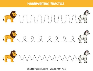 Handwriting practice with cute lion and zebra. Tracing lines for preschoolers. Educational game for kids.