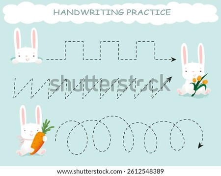 Handwriting practice. Cute rabbit with carrot. Drawing lessons. Education developing worksheet. Activity page.