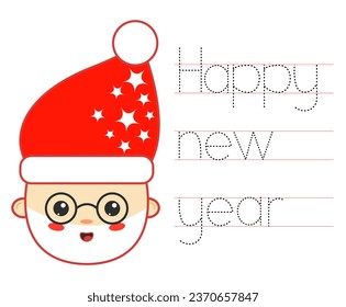 Handwriting practice with cute Santa. Happy new year. Tracing lines. Worksheets for kids.