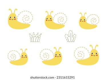 Handwriting practice with cute snails. Tracing lines for preschoolers. Educational game for kids.