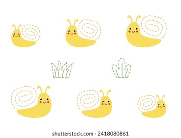 Práctica de escritura a mano con caracoles lindos. Líneas de seguimiento para preescolares. Juego educativo para los niños.