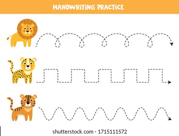 Handwriting practice with cute wild cats. Leopard, tiger and lion. Tracing lines. Printable worksheet for kids.
