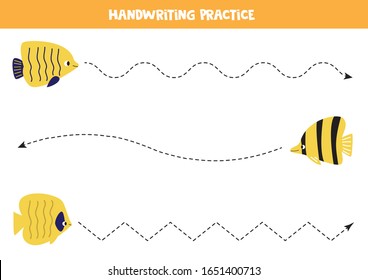 Handwriting practice with cute yellow sea fish. Tracing lines for kids. Marine life.
