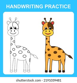 Handwriting practice. Draw lines and color the giraffe. Educational kids game, coloring sheet, printable worksheet. Vector illustration