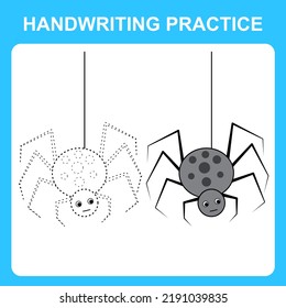 Práctica de escritura a mano. Dibujar líneas y colorear la araña. Juego de niños educacionales, hoja de colorear, hoja de cálculo imprimible. Ilustración del vector