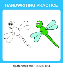 Handwriting practice. Draw lines and color the dragonfly. Educational kids game, coloring sheet, printable worksheet. Vector illustration