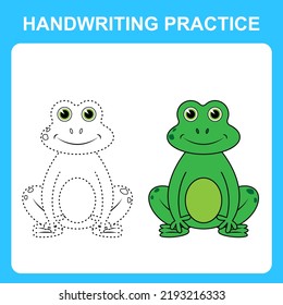 Práctica de escritura a mano. Dibujar líneas y colorear la rana. Juego de niños educacionales, hoja de colorear, hoja de cálculo imprimible. Ilustración del vector