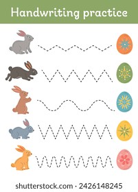 Handwriting practice Easter worksheet for kids. Tracing practice. Writing training Easter themed printable worksheet with dashed lines for preschool and kindergarten. Easter games, learning activity.