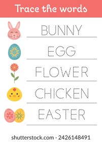 Handwriting practice Easter worksheet for kids. Trace the words. Tracing practice. Writing training Easter themed printable worksheet with dashed lines for preschool, kindergarten. Early education.