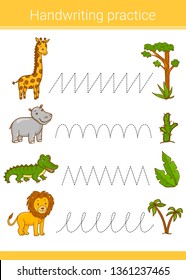 Handwriting practice. Educational children game. Vector illustration. Giraffe, hippopotamus, lion, crocodile.