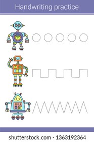Handwriting practice. Educational children game. Vector illustration. Robots.