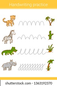 Handwriting practice. Educational children game. Vector illustration. Leopard, rhino, zebra, crocodile.