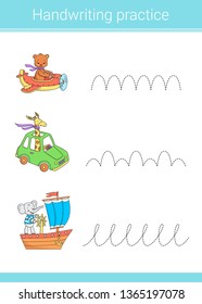 Handwriting practice. Educational children game. Vector illustration. Car, airplane, ship, cute animals.