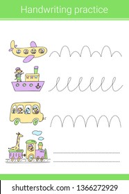 Handwriting practice. Educational children game. Transport, cute animals.