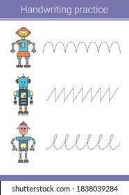 Handwriting practice. Educational children game. Vector illustration. Robots.