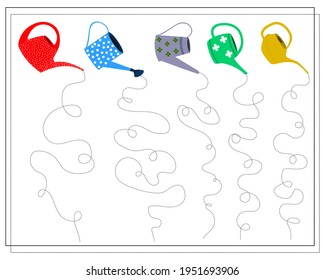 Handschrift Übung, ein pädagogisches Spiel für Kinder. Gartenwerkzeuge, Tränkanister. Vektorgrafik einzeln auf weißem Hintergrund