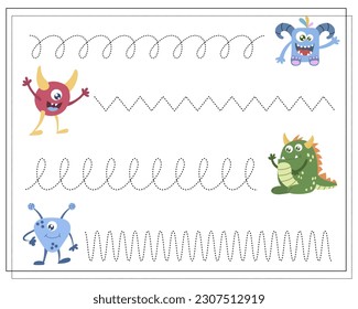 Práctica de escritura a mano, Juego educativo para niños, monstruos de dibujos animados, extraterrestres.