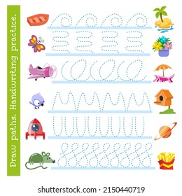 Handwriting practice  Educational game worksheet for children  Draw paths  Cute cartoon isolated objects  Vector illustration 