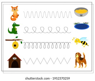 Handwriting practice game for kids. Draw the line, determine who lives where. Cat crocodile bee dog.