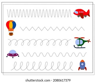 A handwriting practice game for kids, swipe through the dots. Toys cars, airplane, helicopter. Vector isolated on a white background