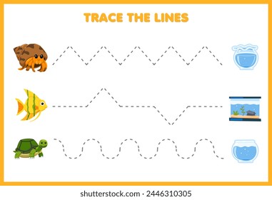 Handwriting practice game trace the lines with cute water animal move to the aquarium pet worksheet
