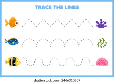 Handwriting practice game trace the lines with cute fish move to coral pet worksheet