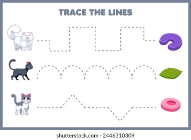 Handwriting practice game trace the lines with cute cat move to the pillow pet worksheet