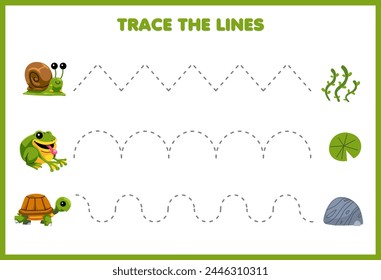 Handwriting practice game trace the lines with cute green animal pet worksheet