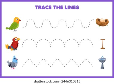 Handwriting practice game trace the lines with cute bird move to nest and fountain pet worksheet