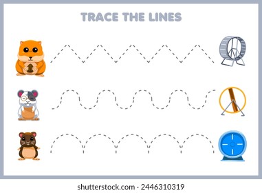Handschrift-Übungsspiel verfolgen Sie die Linien mit niedlichem Hamster Bewegen Sie sich auf das Rad Haustier Arbeitsblatt