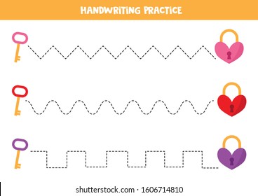 Handwriting practice with heart locks and keys.