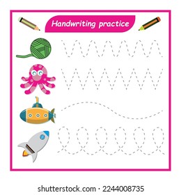 Práctica de escritura a mano niños actividades educativas tareas.Juego impreso.Elemento vector EPS