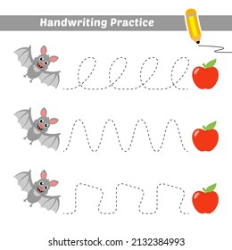 Handwriting practice for kids with bat and apple vector