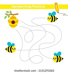 Handwriting practice for kids with bee and beehive vector