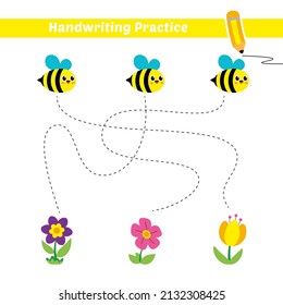 Handwriting practice for kids with bee and flower vector
