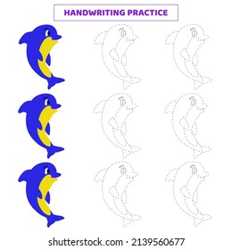 Handwriting practice for kids with cartoon dolphin.