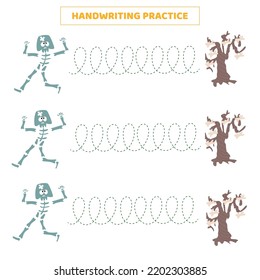 Handwriting practice for kids with cartoon Halloween skeleton and tree.