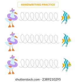 Handwriting practice for kids with cartoon seagull and fish.