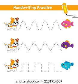 Handwriting practice for kids with cat and fish vector