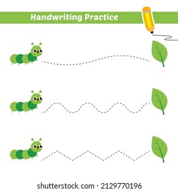 Handwriting practice for kids with caterpillar and leaf vector