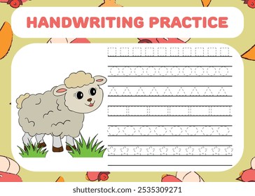Handwriting practice for kids with coloring animal lamb and background 