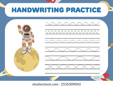 Handwriting practice for kids with coloring planet astronaut and background 