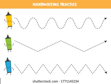 Handwriting practice for kids with cute kawaii highlighters. Tracing lines for preschoolers. Back to school worksheet.